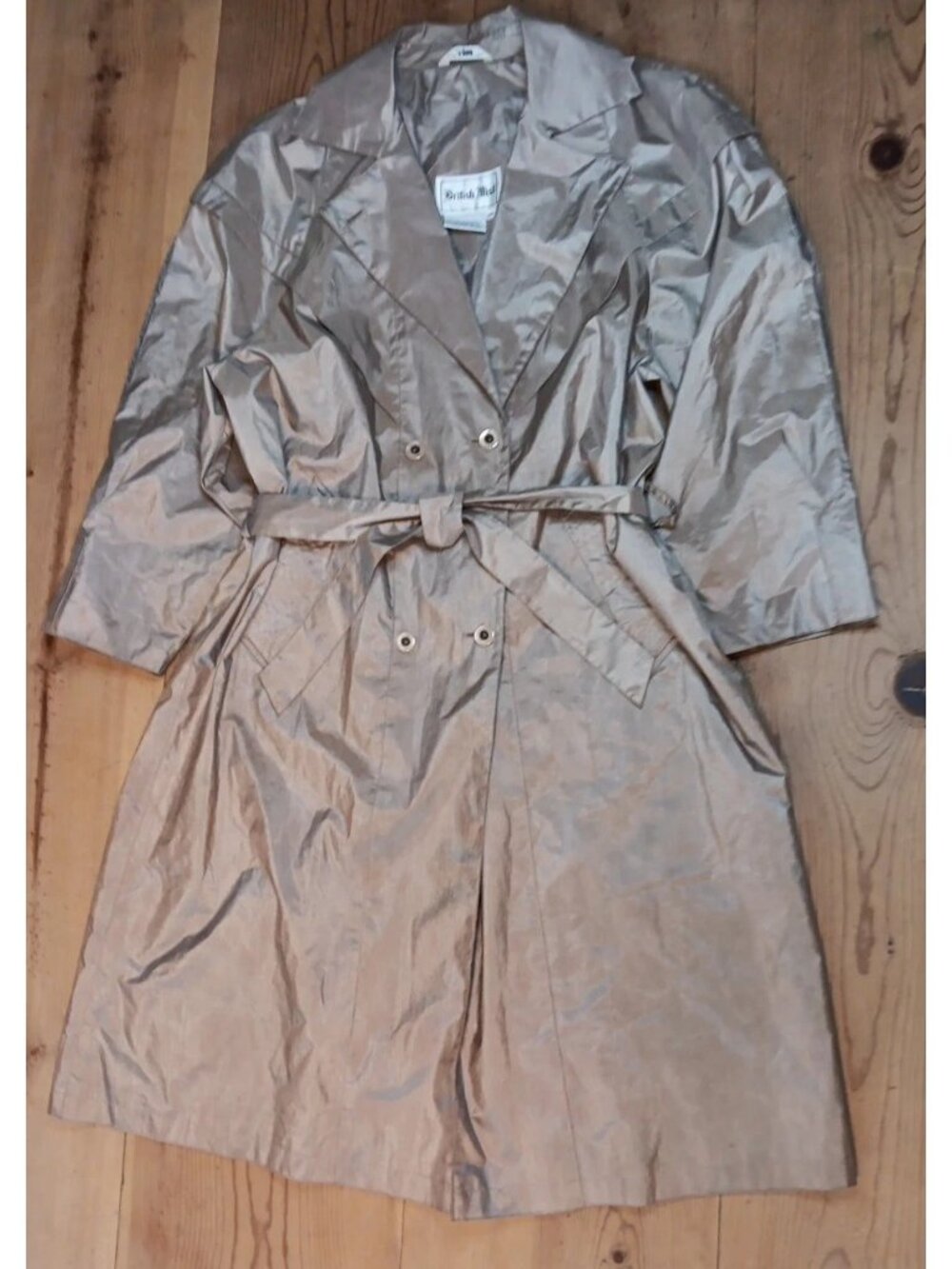 British Mist Womens Petite 14P Trench Coat Metallic Gold Button Up Belted Pocket